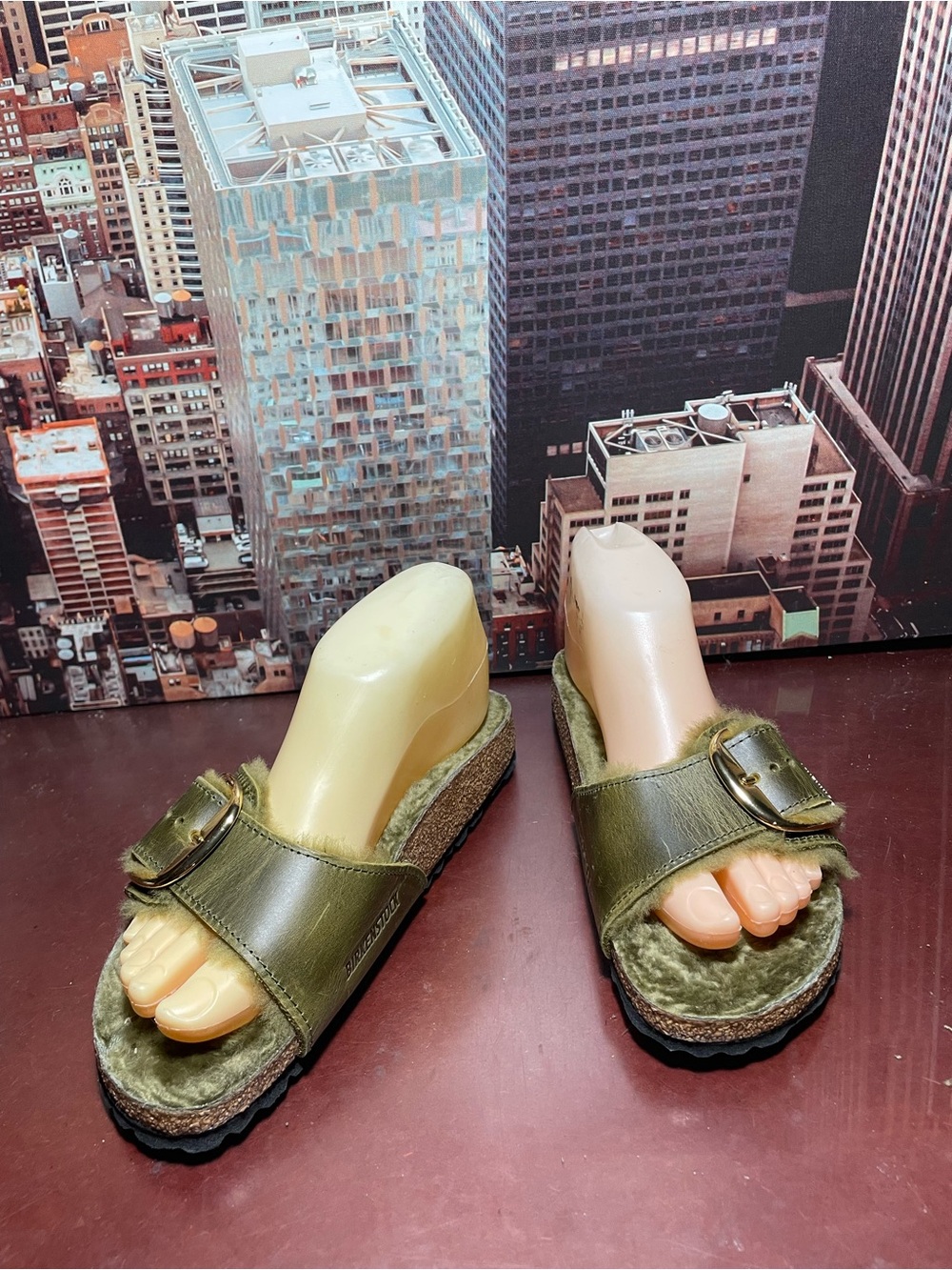 Womens Birkenstock madrid shearling sandals. Sz 37. Germany. Olive.